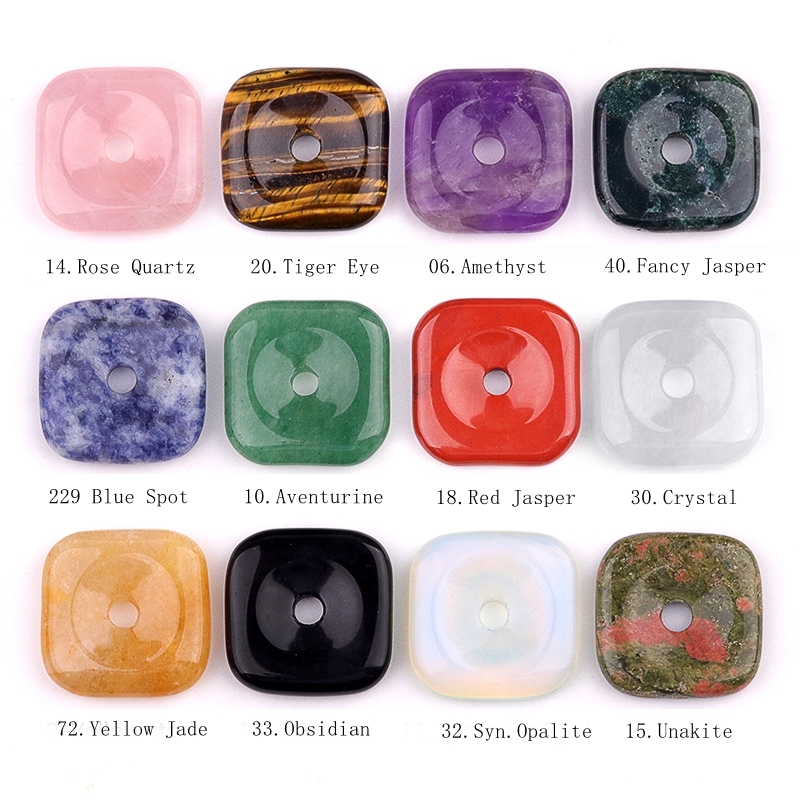 30MM Square Disc Lucky Coin Pingan Pendant for Jewelry Making Polished Crystal Amulet Peace Circle Donut Stone Beads 6MM Large Hole in Middle