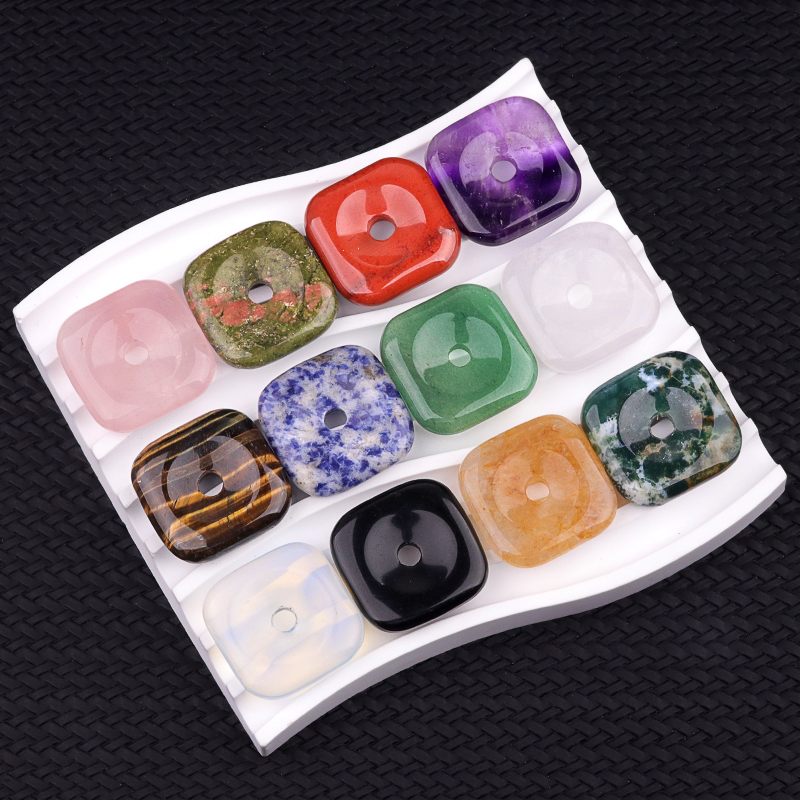30MM Square Disc Lucky Coin Pingan Pendant for Jewelry Making Polished Crystal Amulet Peace Circle Donut Stone Beads 6MM Large Hole in Middle