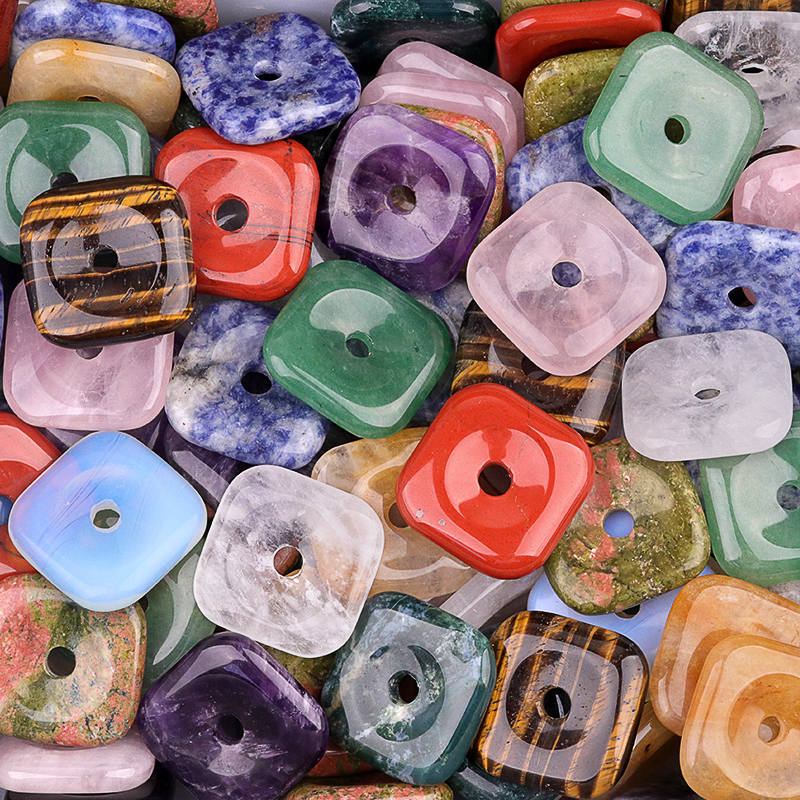 30MM Square Disc Lucky Coin Pingan Pendant for Jewelry Making Polished Crystal Amulet Peace Circle Donut Stone Beads 6MM Large Hole in Middle