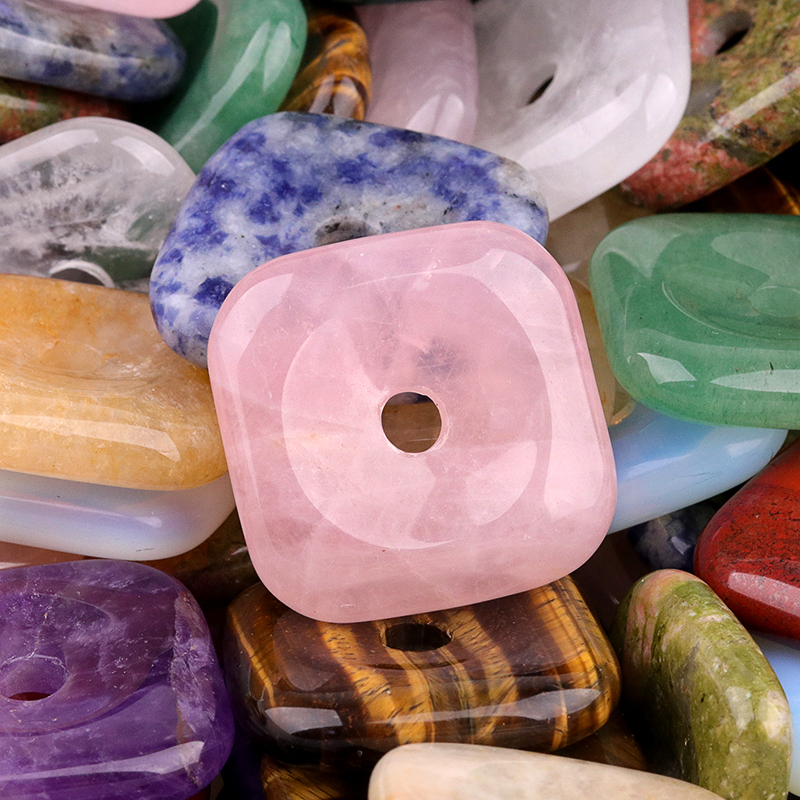 30MM Square Disc Lucky Coin Pingan Pendant for Jewelry Making Polished Crystal Amulet Peace Circle Donut Stone Beads 6MM Large Hole in Middle