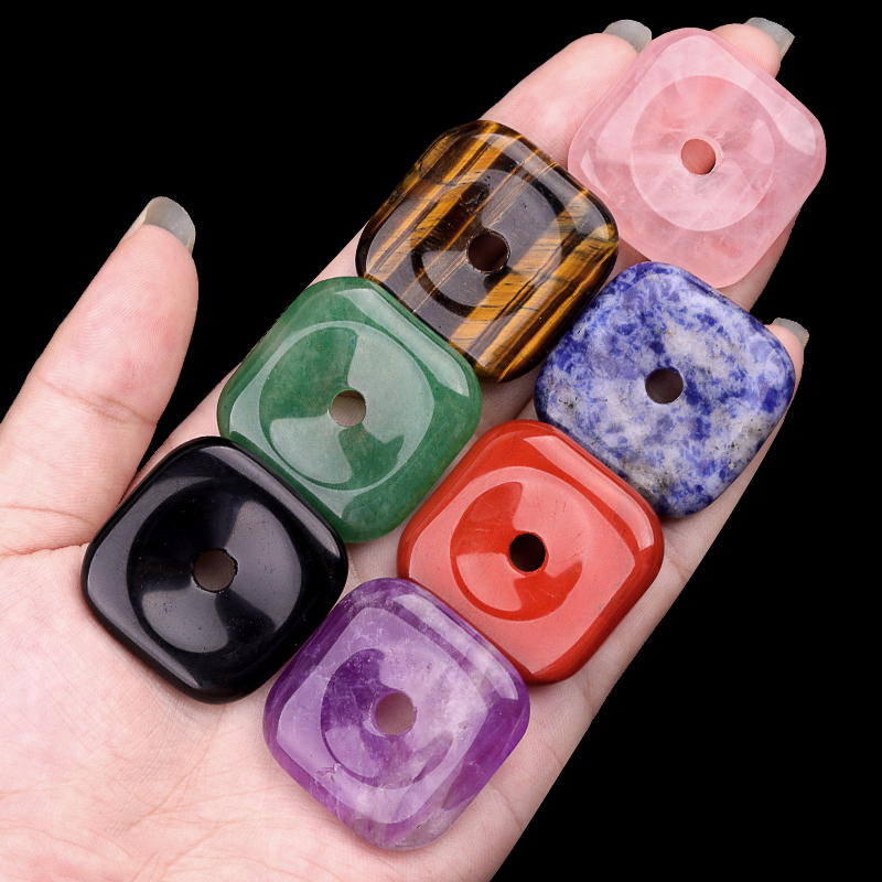 30MM Square Disc Lucky Coin Pingan Pendant for Jewelry Making Polished Crystal Amulet Peace Circle Donut Stone Beads 6MM Large Hole in Middle