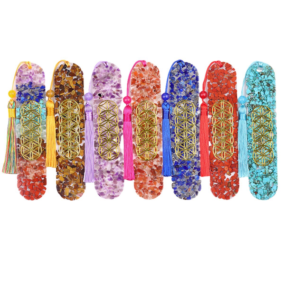 Resin Bookmarks with Tassels (Style-D) Handmade Raw Chip Stone Bookmark Presents for Women Kids Students Teachers and Book Lovers School Home Reading