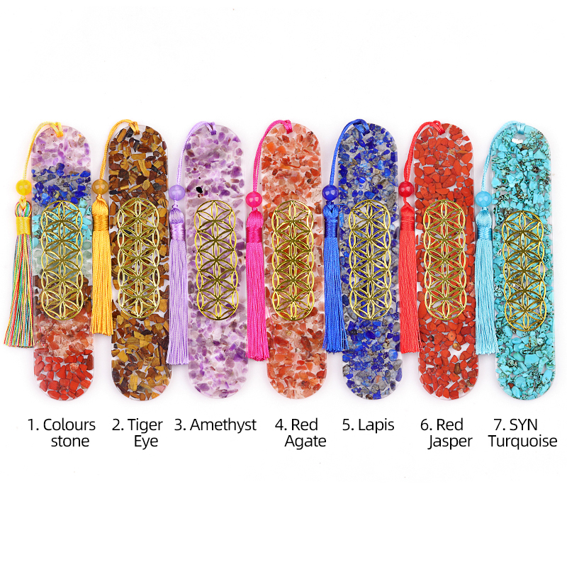 Resin Bookmarks with Tassels (Style-D) Handmade Raw Chip Stone Bookmark Presents for Women Kids Students Teachers and Book Lovers School Home Reading