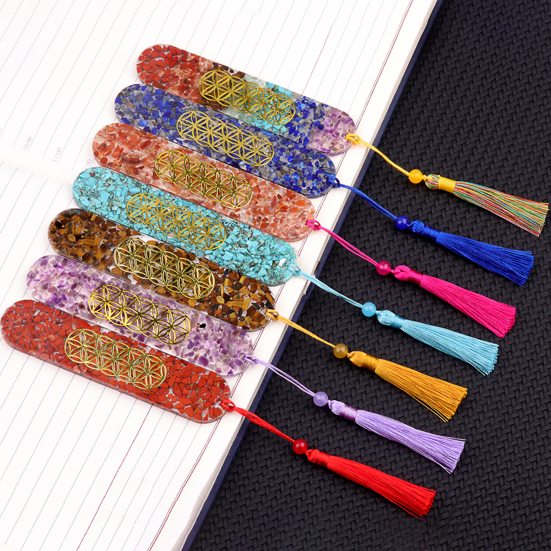 Resin Bookmarks with Tassels (Style-D) Handmade Raw Chip Stone Bookmark Presents for Women Kids Students Teachers and Book Lovers School Home Reading