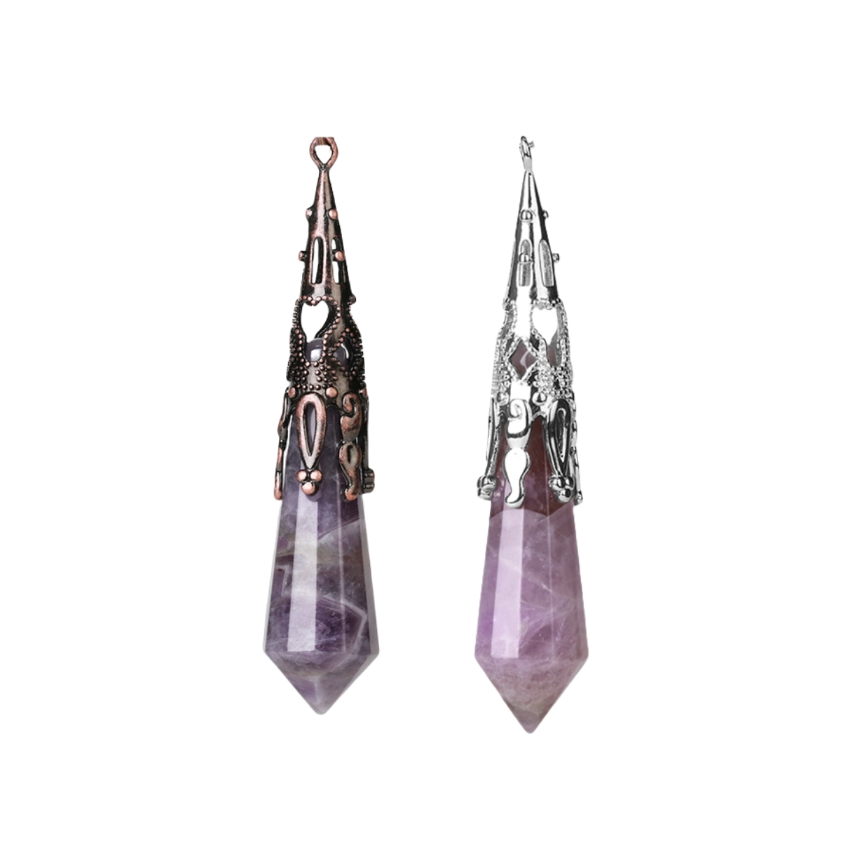 Handmade Craved Gemstone Single Point 12 Sides Prism Silver Pendulum & Pendant