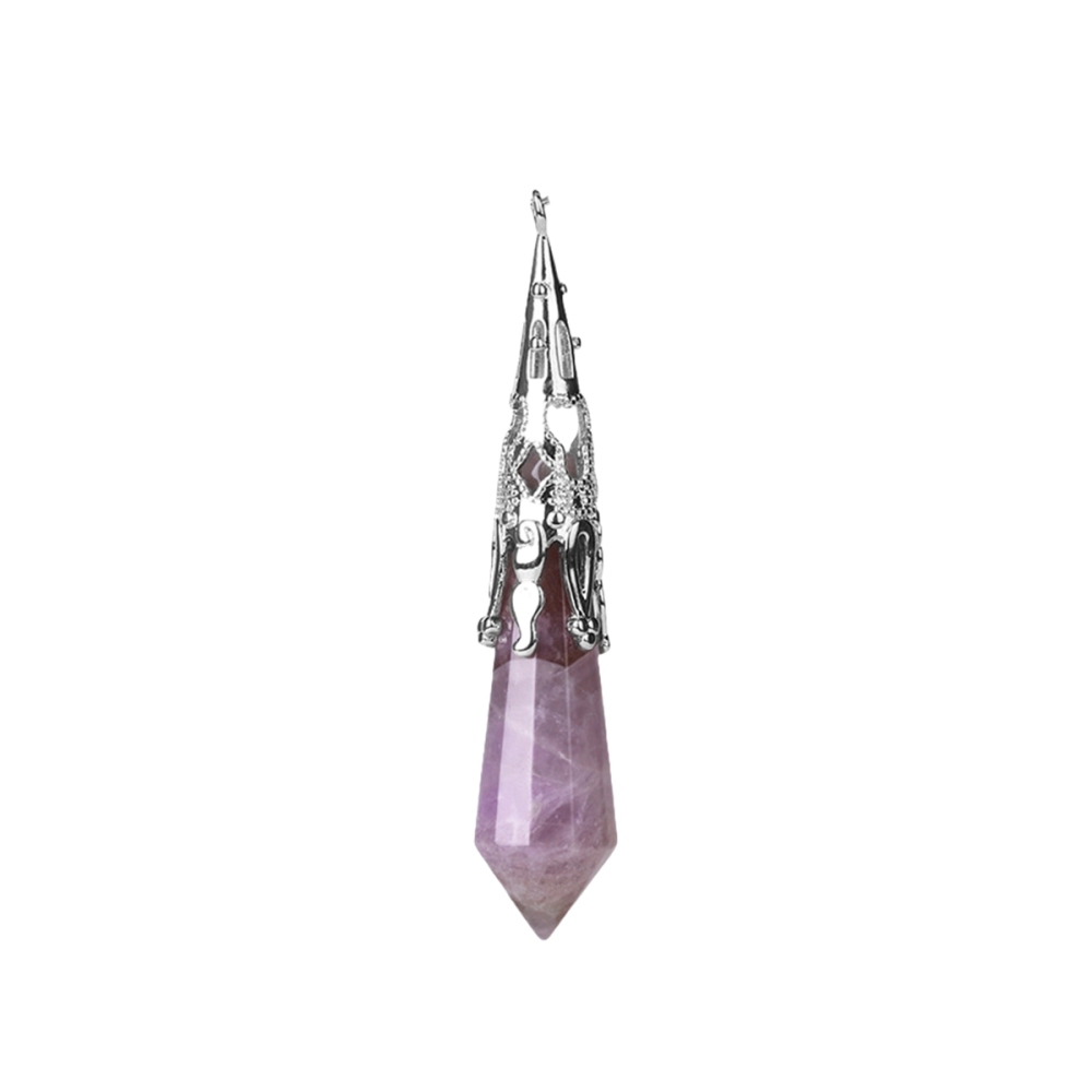 Handmade Craved Gemstone Single Point 12 Sides Prism Silver Pendulum & Pendant
