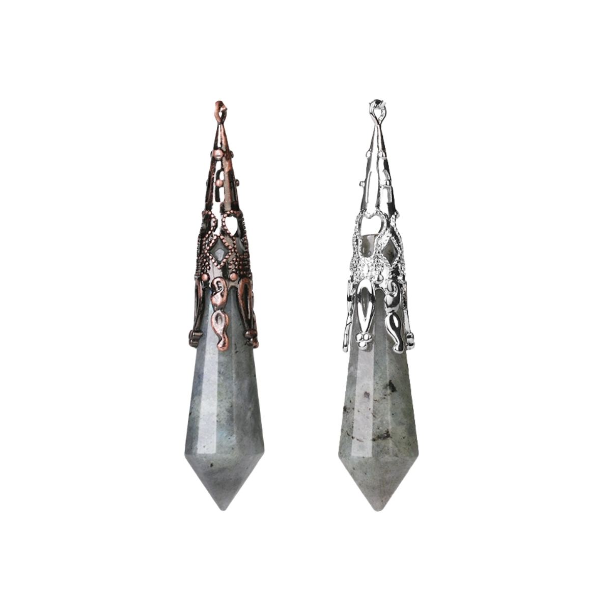 Handmade Craved Gemstone Single Point 12 Sides Prism SilverPendulum & Pendant