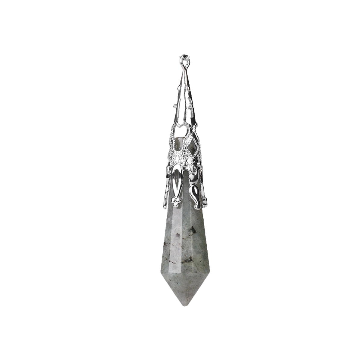 Handmade Craved Gemstone Single Point 12 Sides Prism SilverPendulum & Pendant