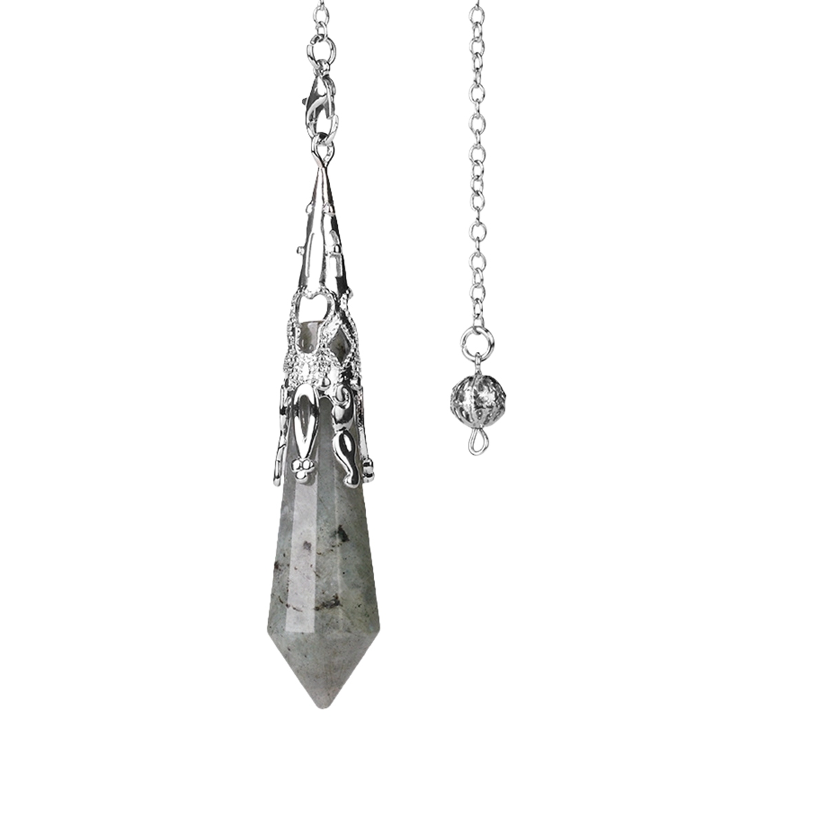 Handmade Craved Gemstone Single Point 12 Sides Prism SilverPendulum & Pendant