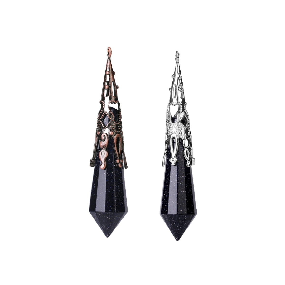 Handmade Craved Gemstone Single Point 12 Sides Prism Silver Pendulum & Pendant