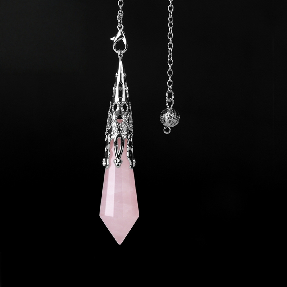 Handmade Craved Gemstone Single Point 12 Sides Prism Silver Pendulum & Pendant