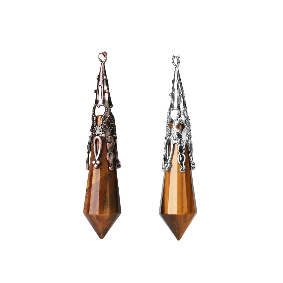 Handmade Craved Gemstone Single Point 12 Sides Prism Silver Pendulum & Pendant