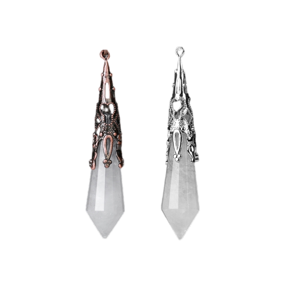 Handmade Craved Gemstone Single Point 12 Sides Prism Silver Pendulum & Pendant