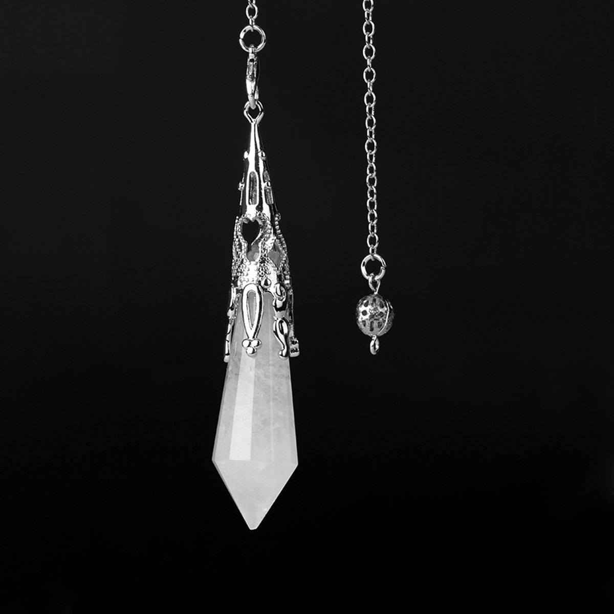 Handmade Craved Gemstone Single Point 12 Sides Prism SilverPendulum & Pendant