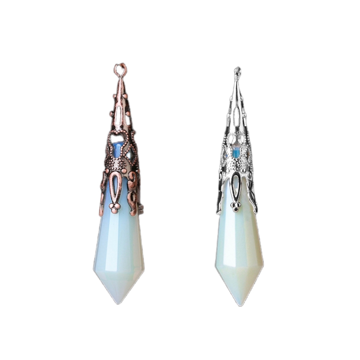 Handmade Craved Gemstone Single Point 12 Sides Prism Silver Pendulum & Pendant