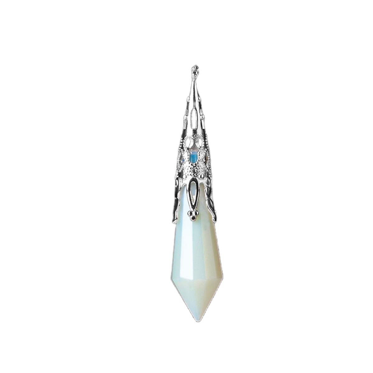 Handmade Craved Gemstone Single Point 12 Sides Prism Silver Pendulum & Pendant