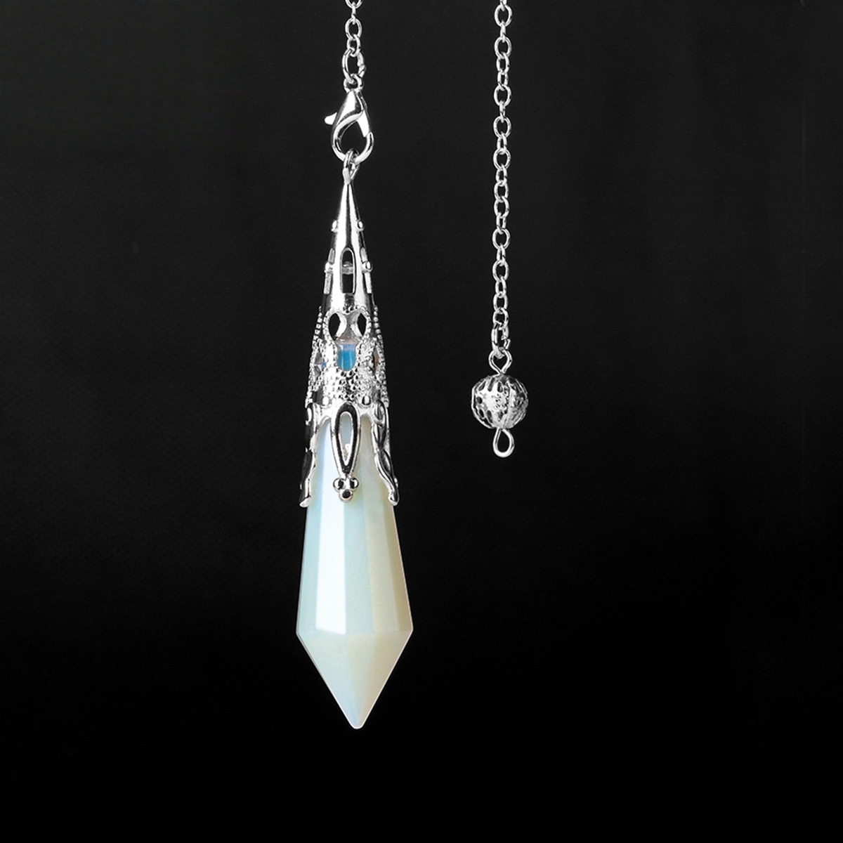 Handmade Craved Gemstone Single Point 12 Sides Prism SilverPendulum & Pendant