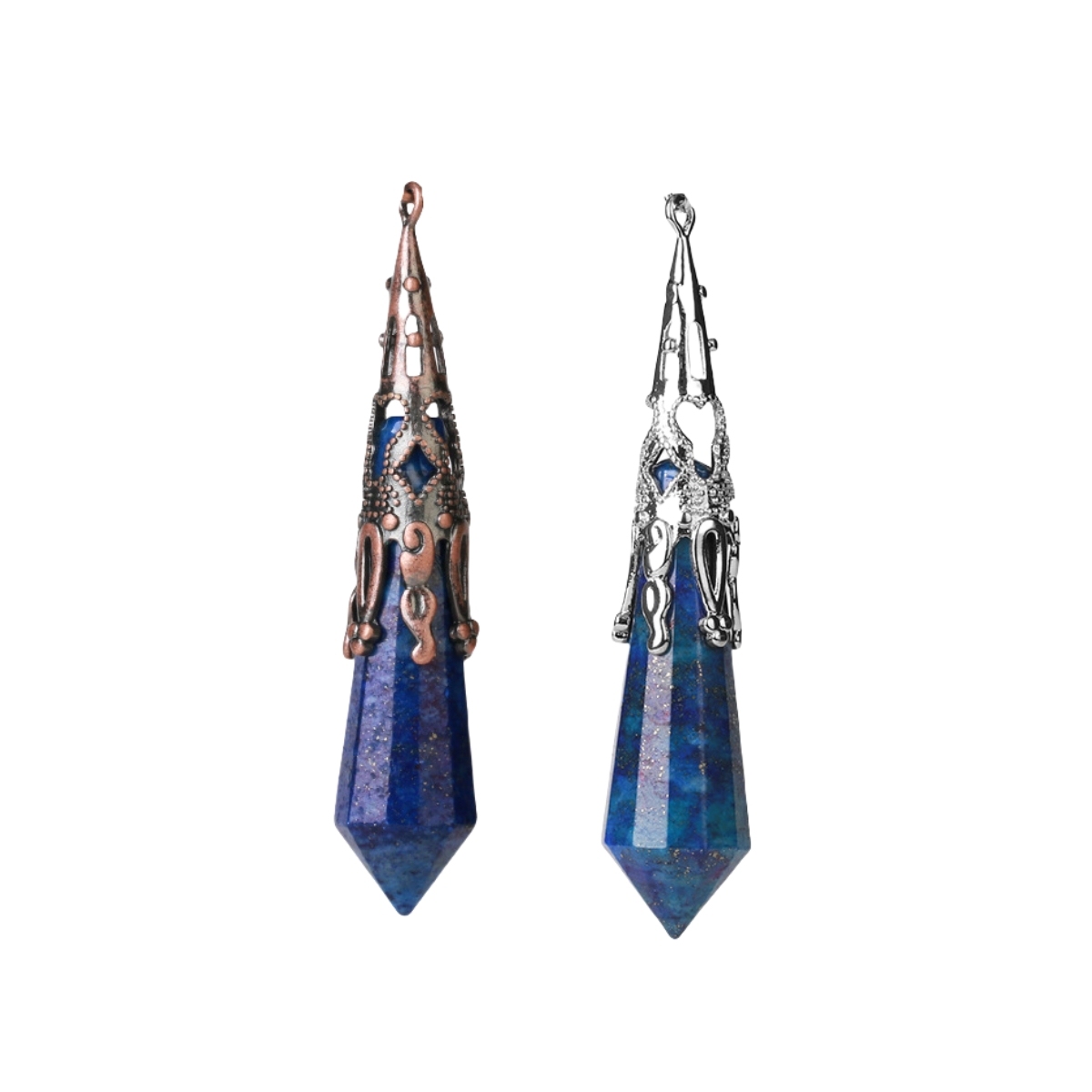 Handmade Craved Gemstone Single Point 12 Sides Prism Silver Pendulum & Pendant