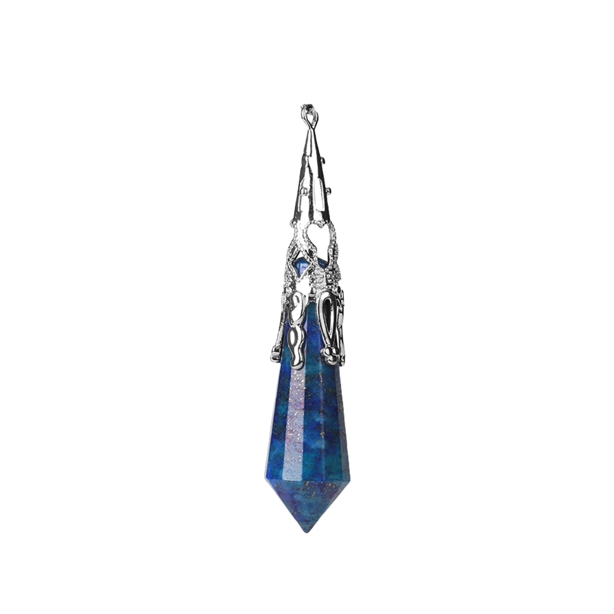 Handmade Craved Gemstone Single Point 12 Sides Prism SilverPendulum & Pendant