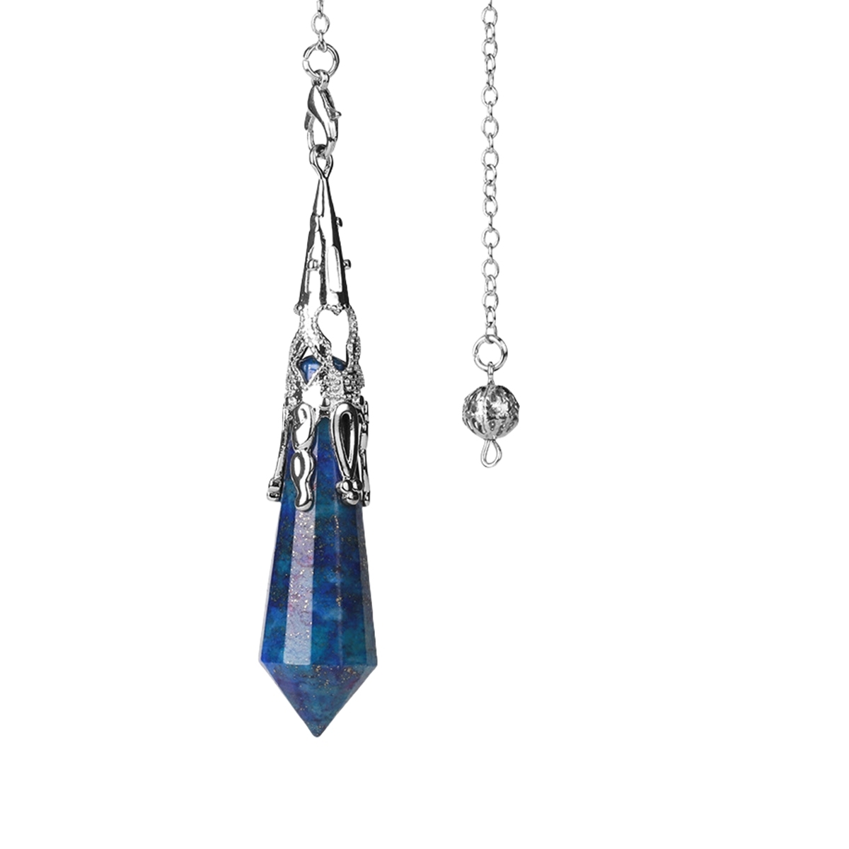 Handmade Craved Gemstone Single Point 12 Sides Prism Silver Pendulum & Pendant