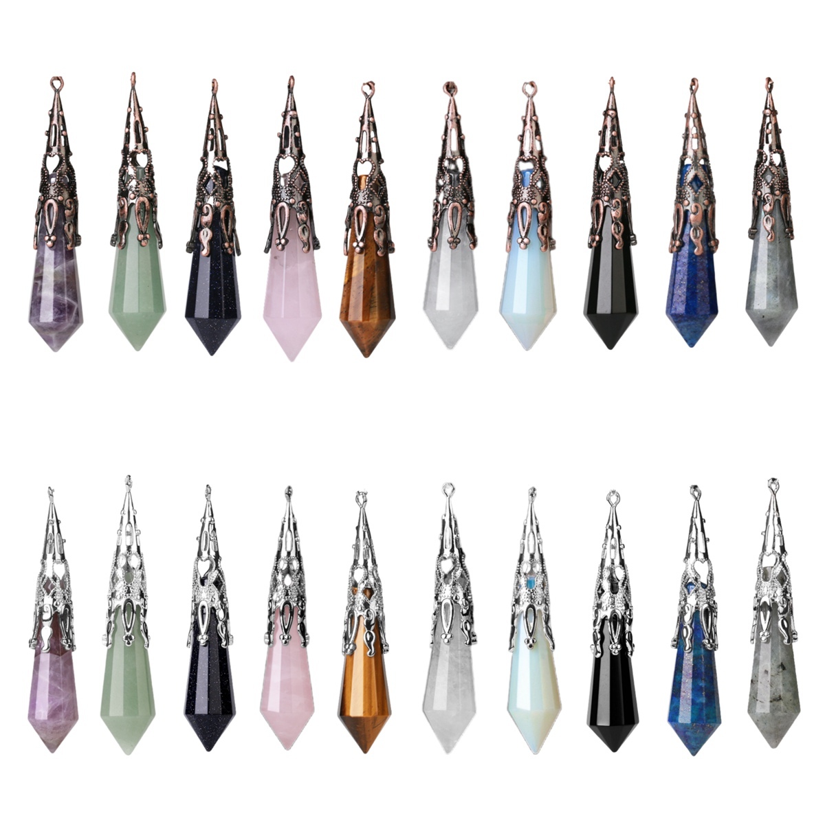 Handmade Craved Gemstone Single Point 12 Sides Prism Silver Pendulum & Pendant