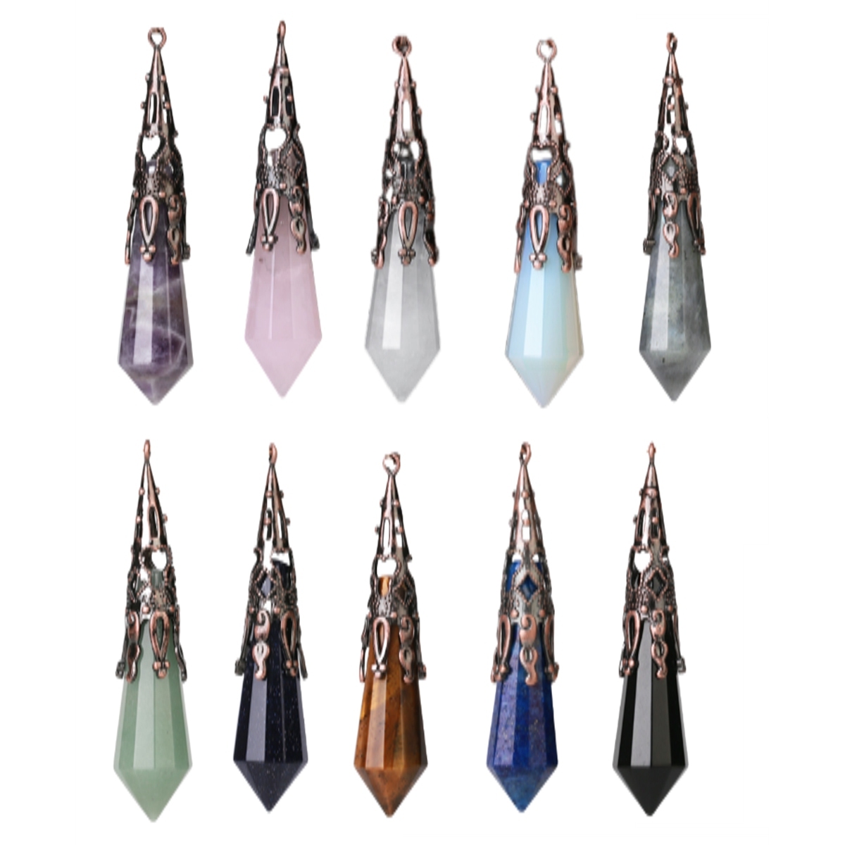 Handmade Craved Gemstone Single Point 12 Sides Prism Silver Pendulum & Pendant