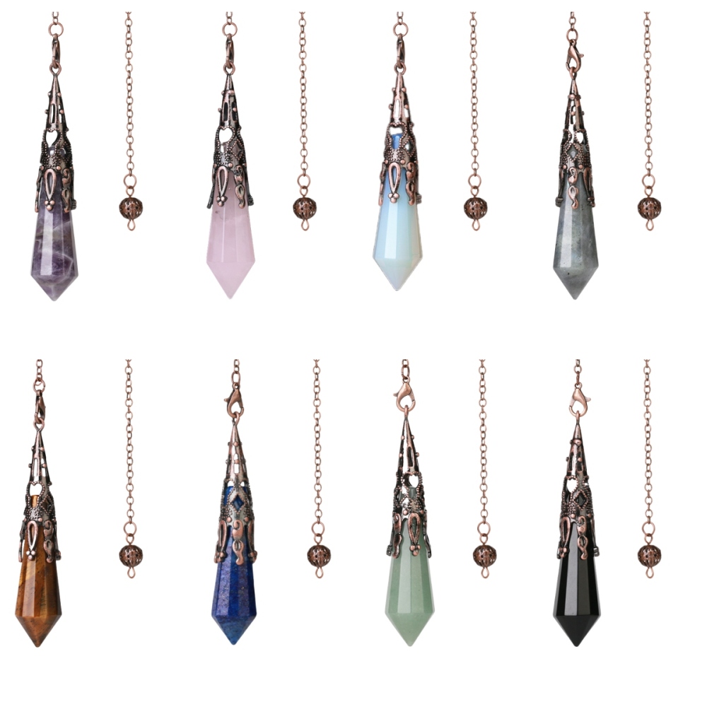 Handmade Craved Gemstone Single Point 12 Sides Prism Silver Pendulum & Pendant