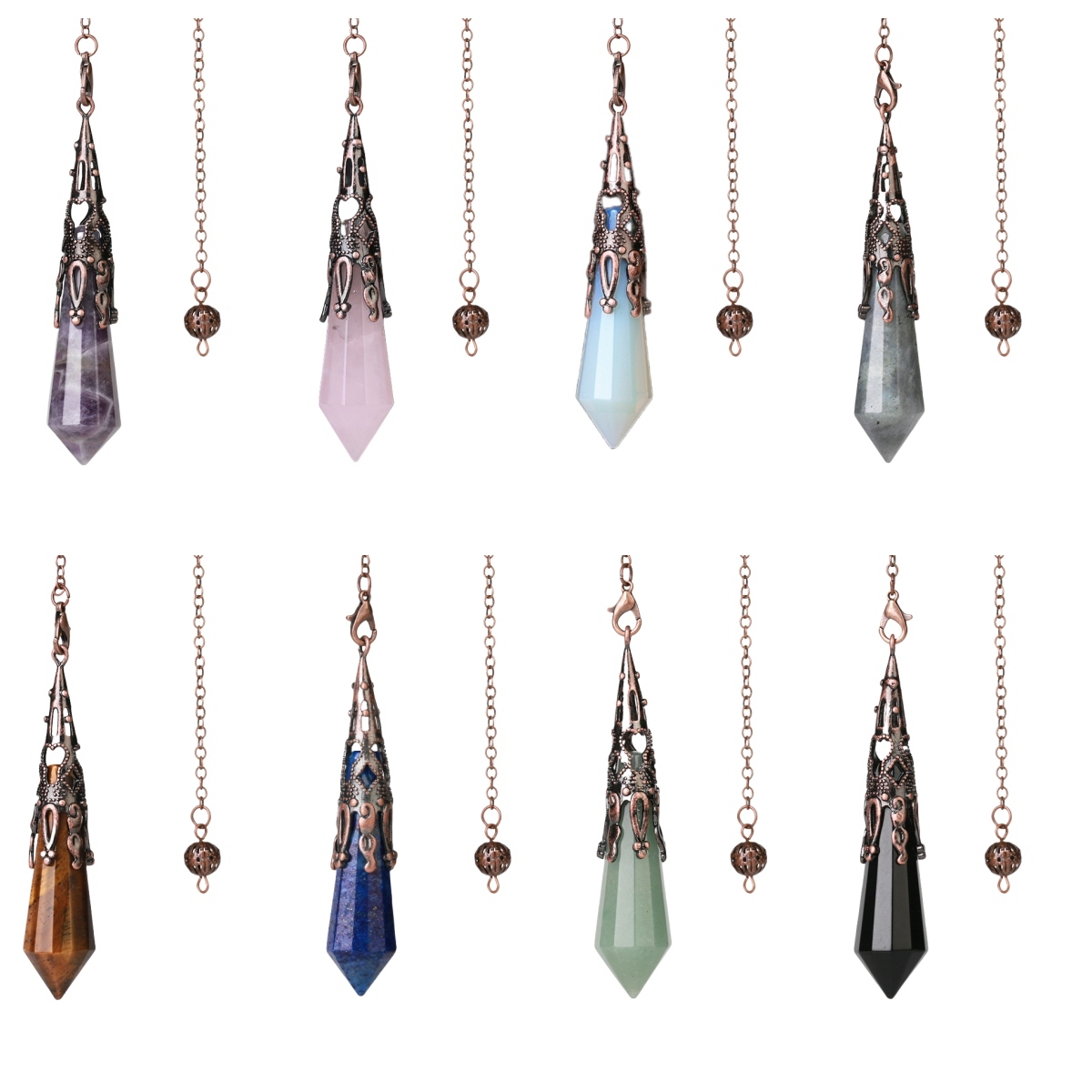 Handmade Craved Gemstone Single Point 12 Sides Prism Silver Pendulum & Pendant