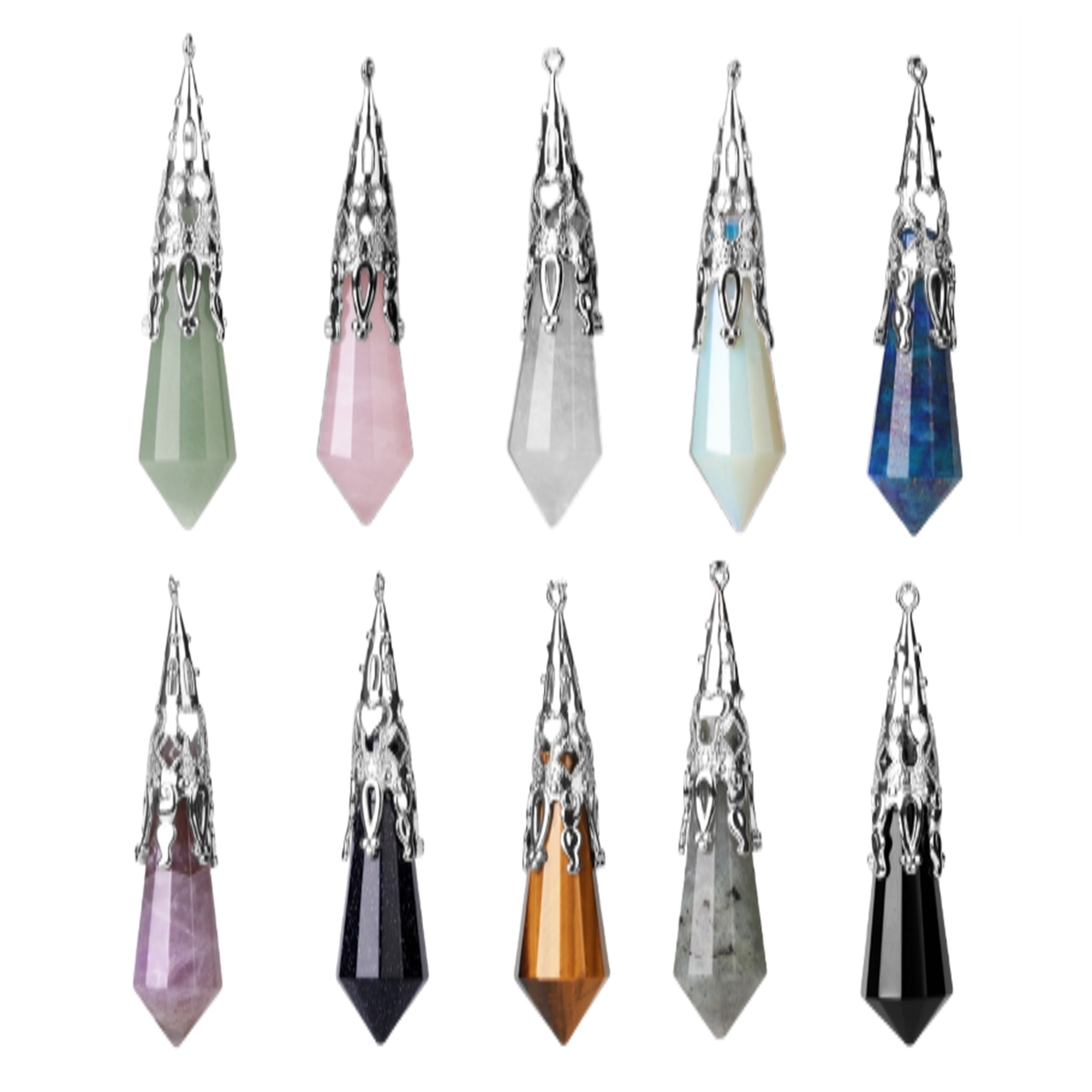 Handmade Craved Gemstone Single Point 12 Sides Prism Silver Pendulum & Pendant