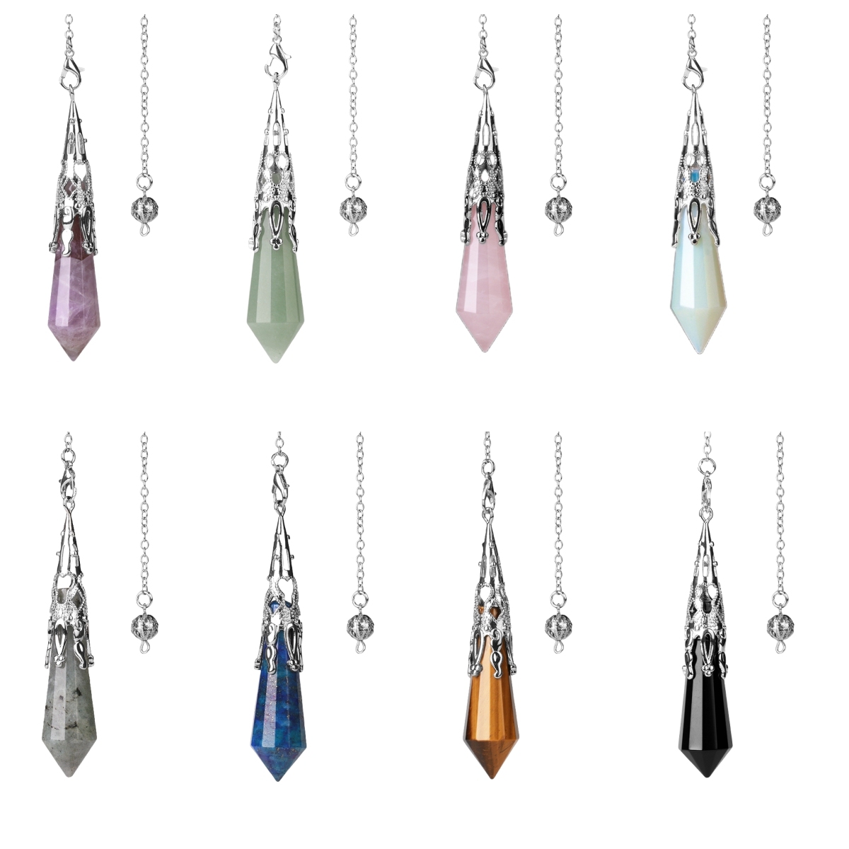 Handmade Craved Gemstone Single Point 12 Sides Prism Silver Pendulum & Pendant