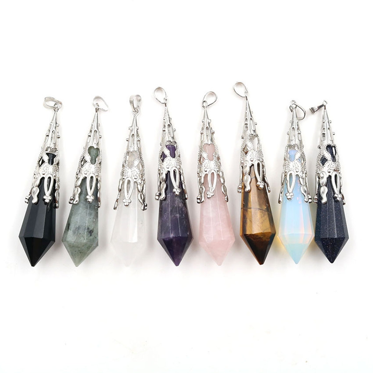 Handmade Craved Gemstone Single Point 12 Sides Prism Silver Pendulum & Pendant