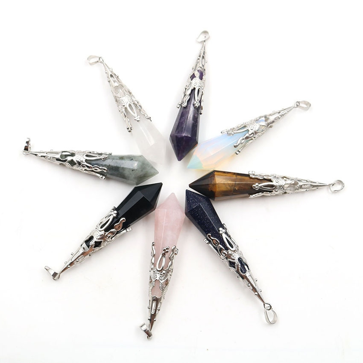 Handmade Craved Gemstone Single Point 12 Sides Prism Silver Pendulum & Pendant