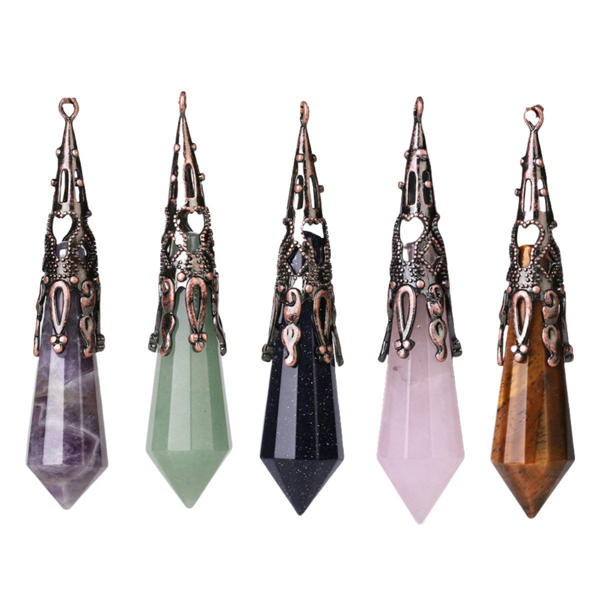 Handmade Craved Gemstone Single Point 12 Sides Prism Silver Pendulum & Pendant