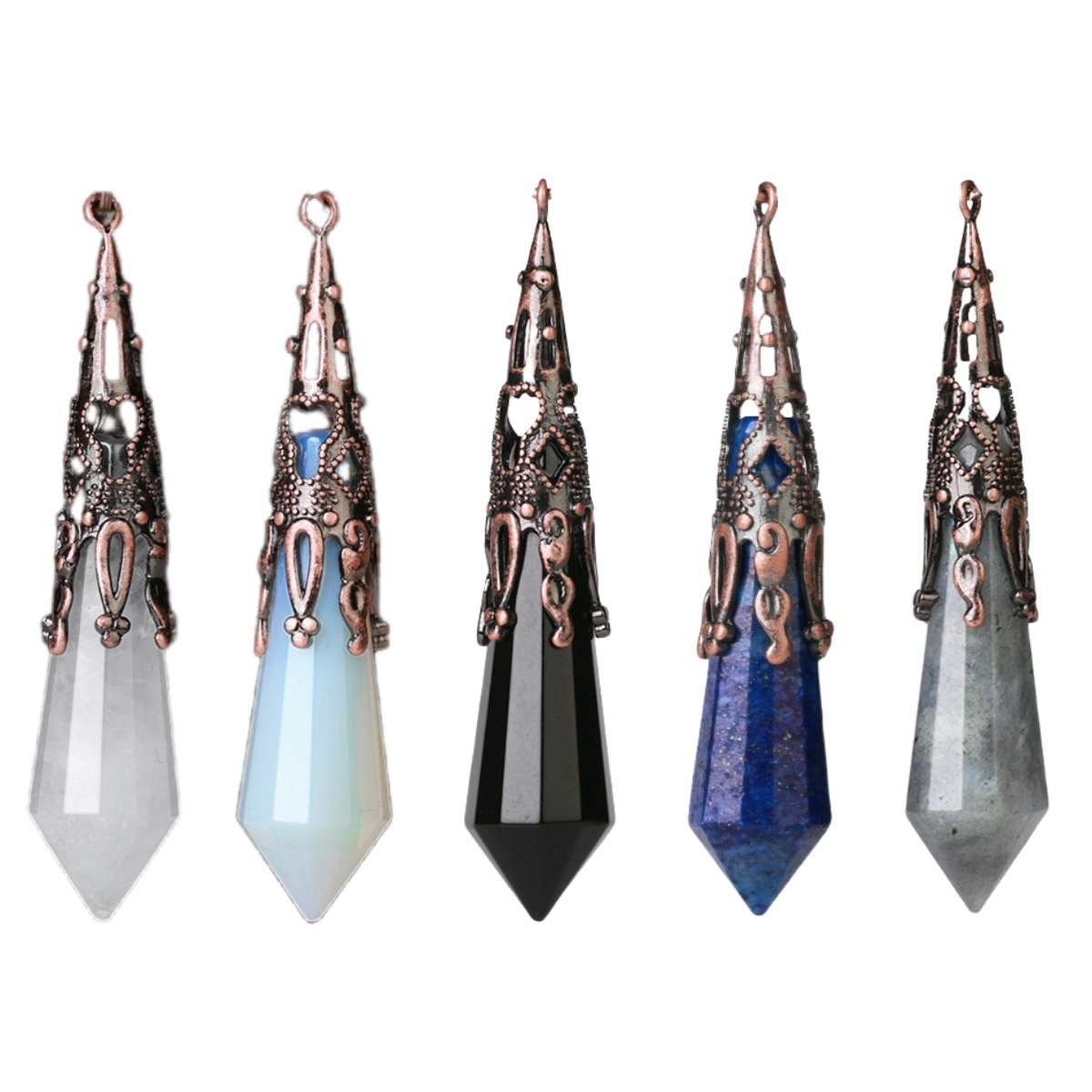 Handmade Craved Gemstone Single Point 12 Sides Prism Silver Pendulum & Pendant