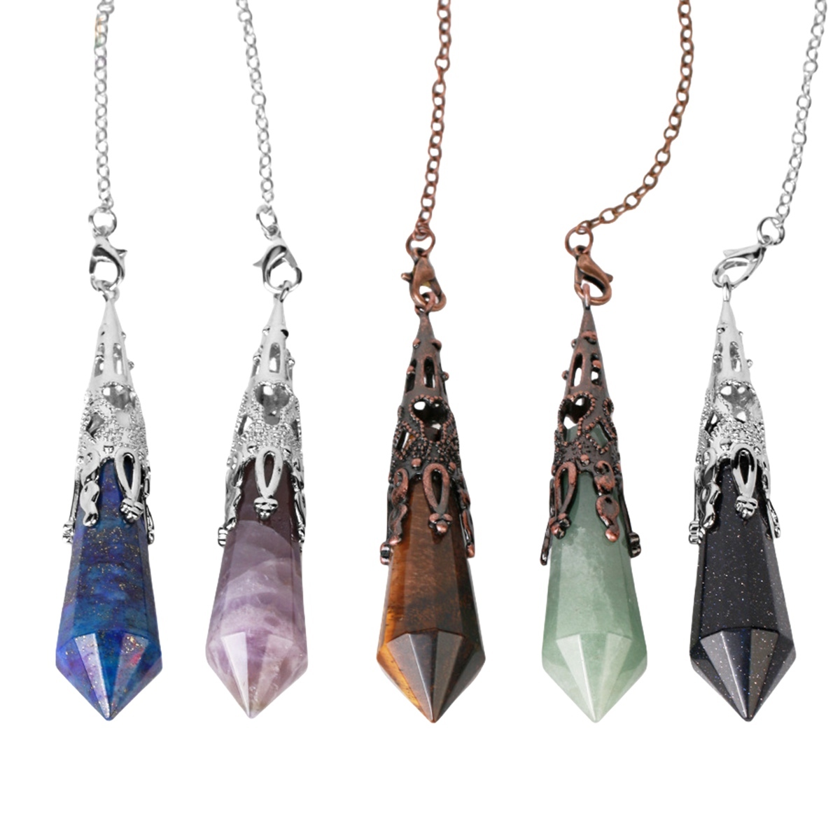 Handmade Craved Gemstone Single Point 12 Sides Prism Silver Pendulum & Pendant