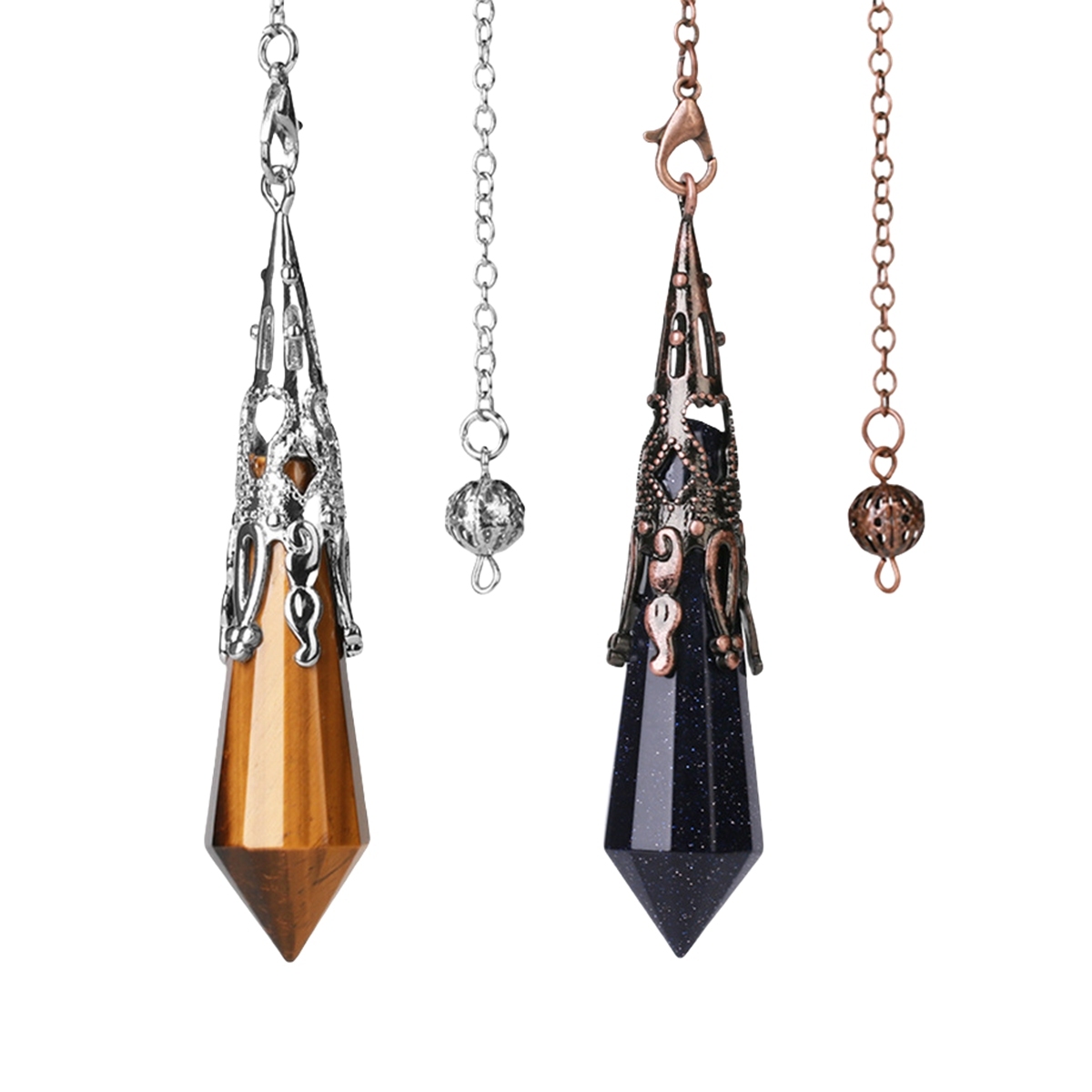 Handmade Craved Gemstone Single Point 12 Sides Prism Silver Pendulum & Pendant