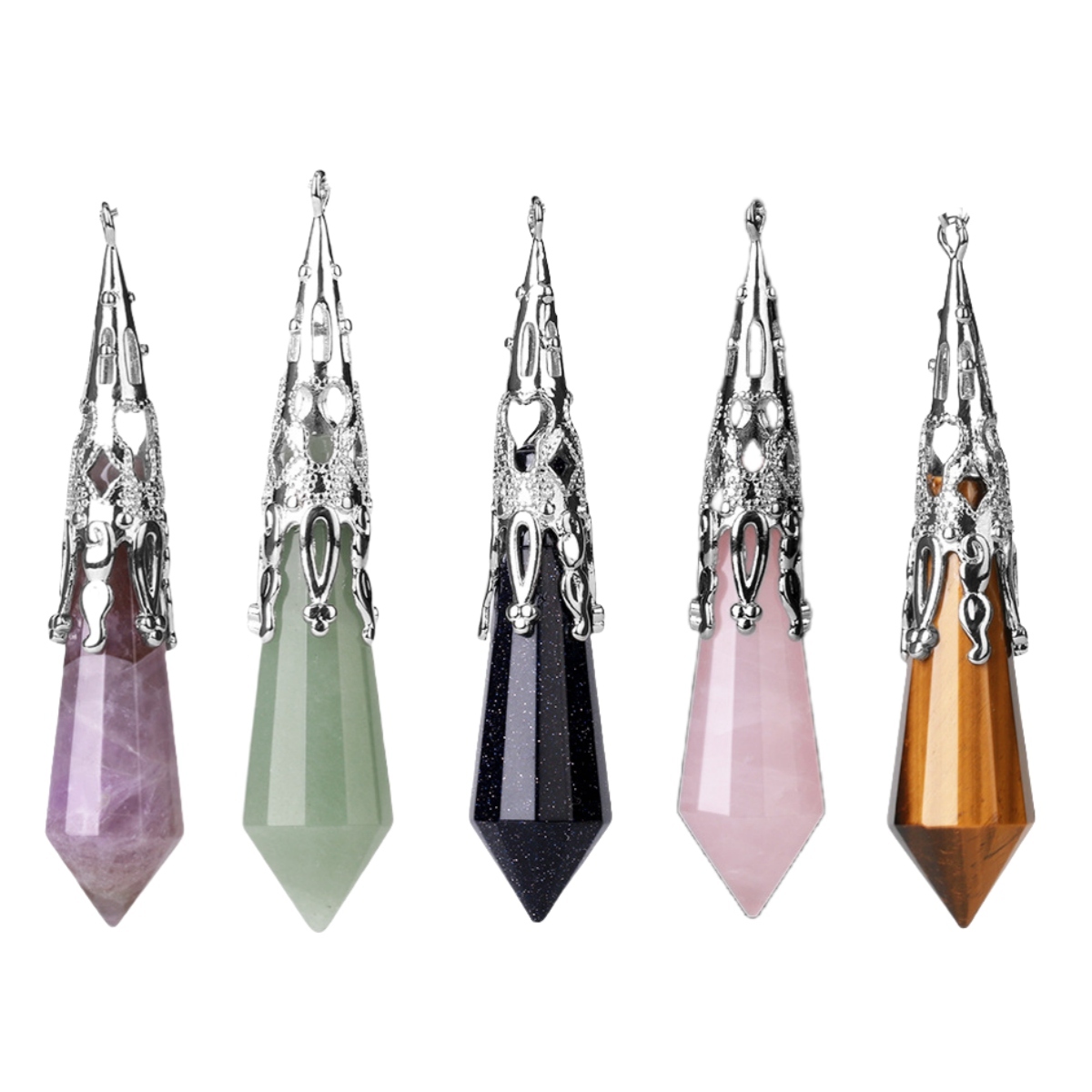 Handmade Craved Gemstone Single Point 12 Sides Prism Silver Pendulum & Pendant