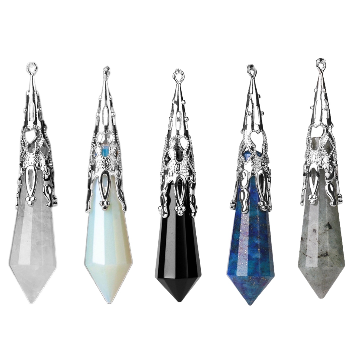 Handmade Craved Gemstone Single Point 12 Sides Prism Silver Pendulum & Pendant