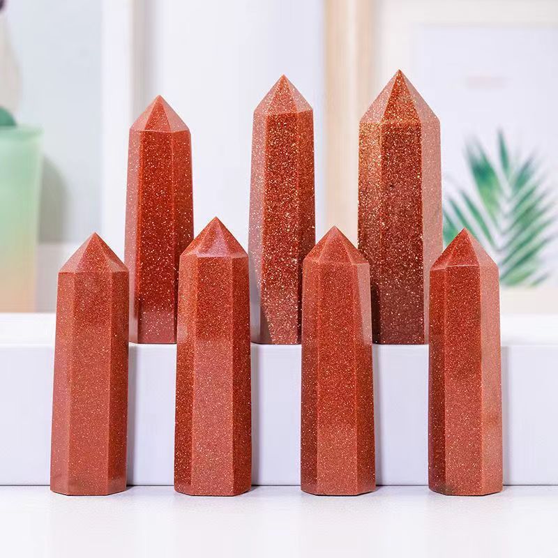 Red Goldstone Single Pointed Hexagonal Prism Beads Ornament Handmade Craved Gemstone