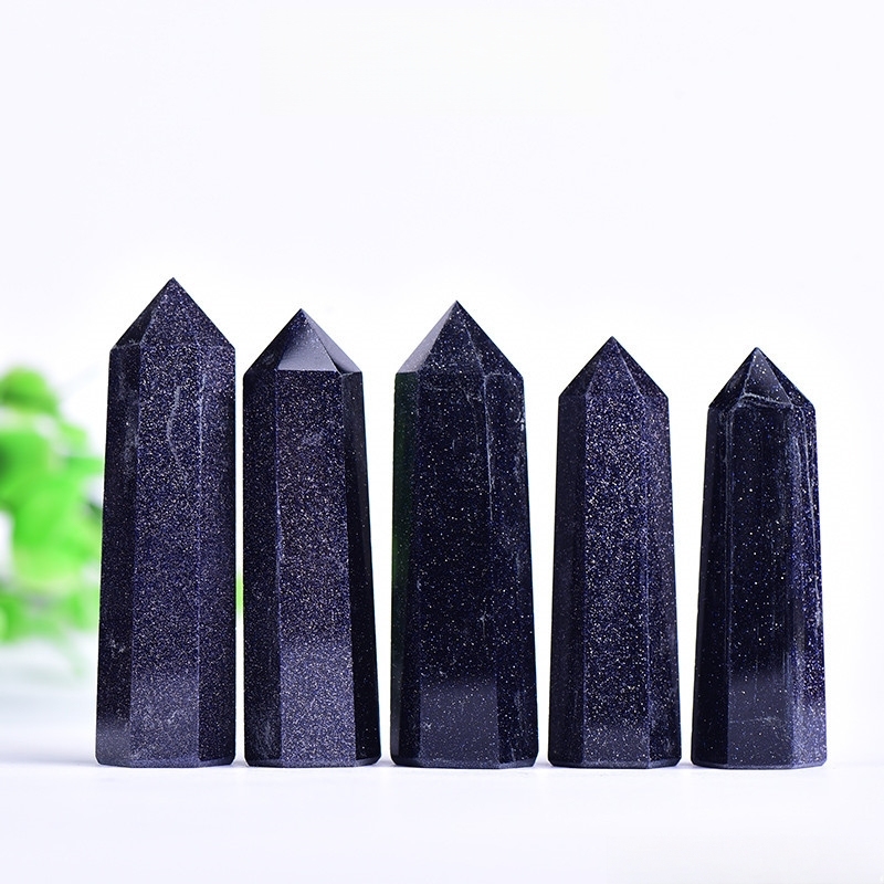 Blue Goldstone Single Pointed Hexagonal Prism Beads Ornament Handmade Craved Gemstone