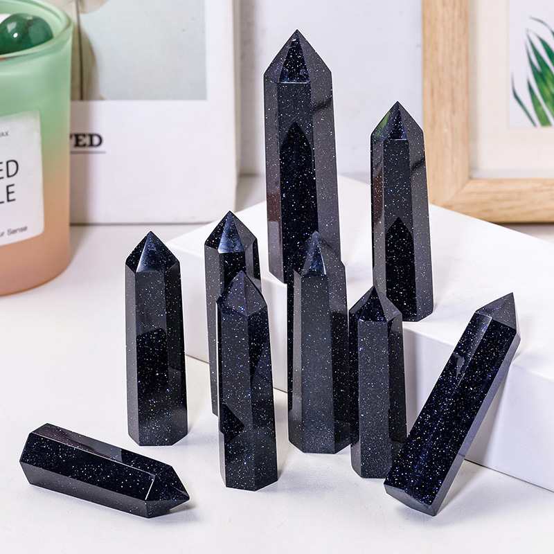 Blue Goldstone Single Pointed Hexagonal Prism Beads Ornament Handmade Craved Gemstone