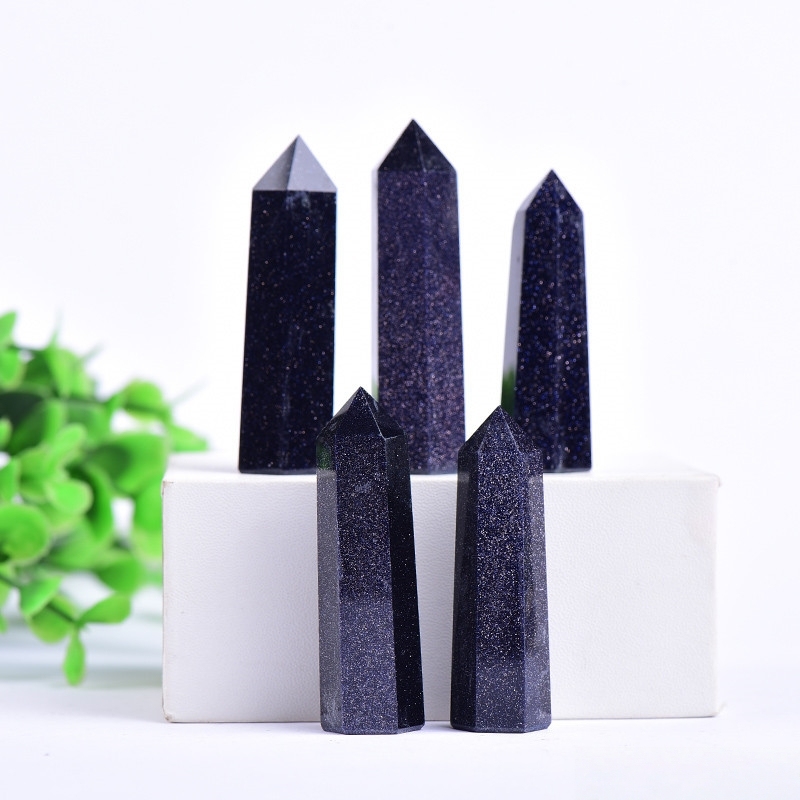 Blue Goldstone Single Pointed Hexagonal Prism Beads Ornament Handmade Craved Gemstone