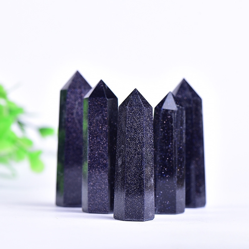 Blue Goldstone Single Pointed Hexagonal Prism Beads Ornament Handmade Craved Gemstone