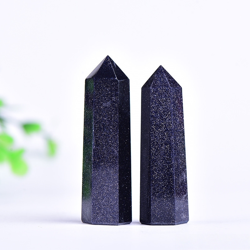 Blue Goldstone Single Pointed Hexagonal Prism Beads Ornament Handmade Craved Gemstone