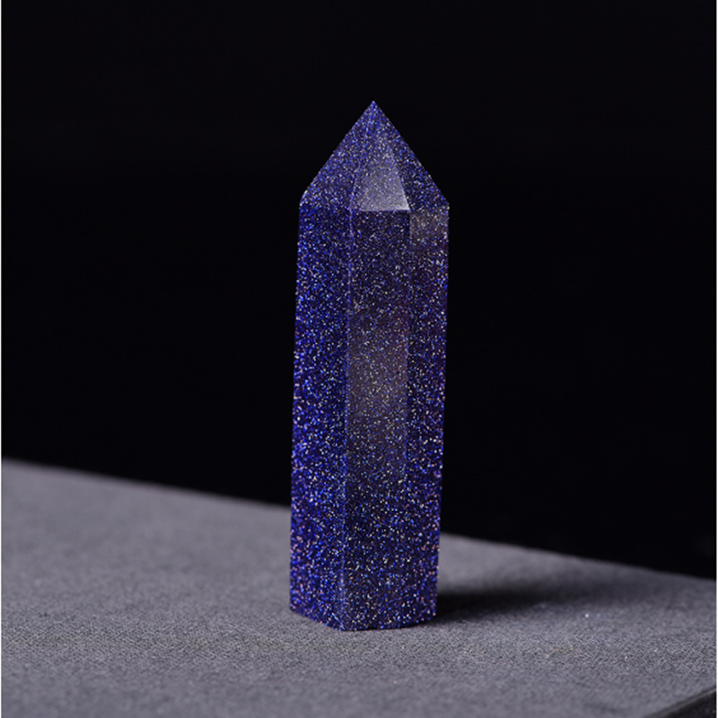Blue Goldstone Single Pointed Hexagonal Prism Beads Ornament Handmade Craved Gemstone