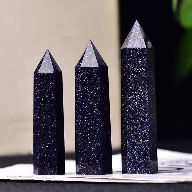 Blue Goldstone Single Pointed Hexagonal Prism Beads Ornament Handmade Craved Gemstone