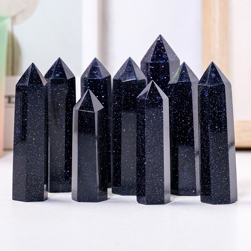 Blue Goldstone Single Pointed Hexagonal Prism Beads Ornament Handmade Craved Gemstone