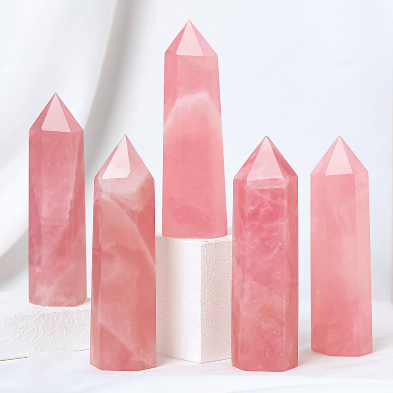Rose Quartz Single Pointed Hexagonal Prism Beads Ornament Handmade Craved Gemstone