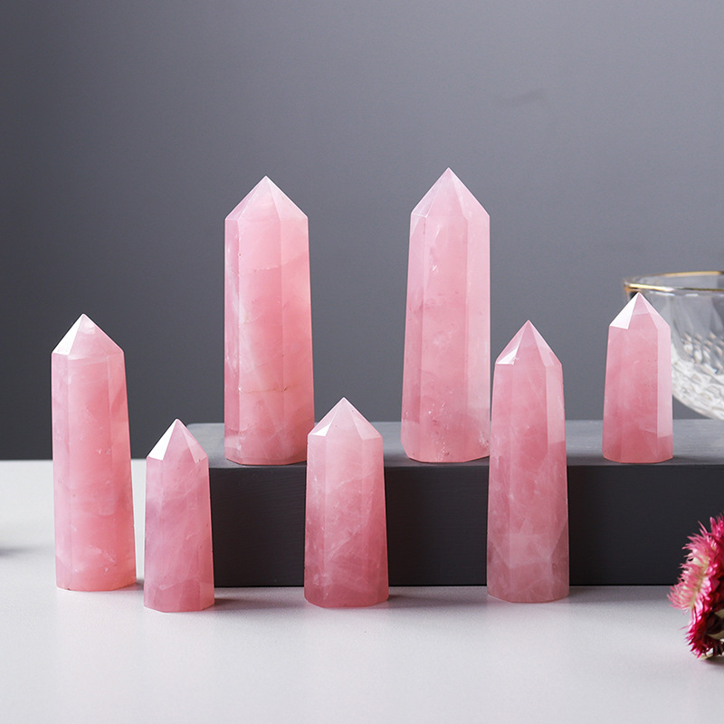 Rose Quartz Single Pointed Hexagonal Prism Beads Ornament Handmade Craved Gemstone