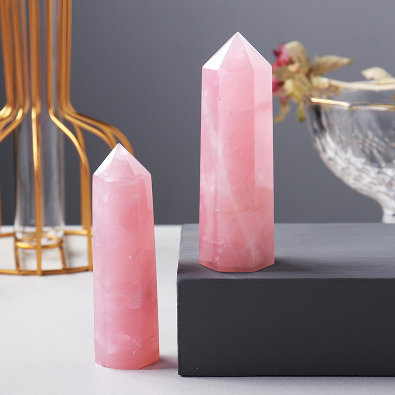 Rose Quartz Single Pointed Hexagonal Prism Beads Ornament Handmade Craved Gemstone